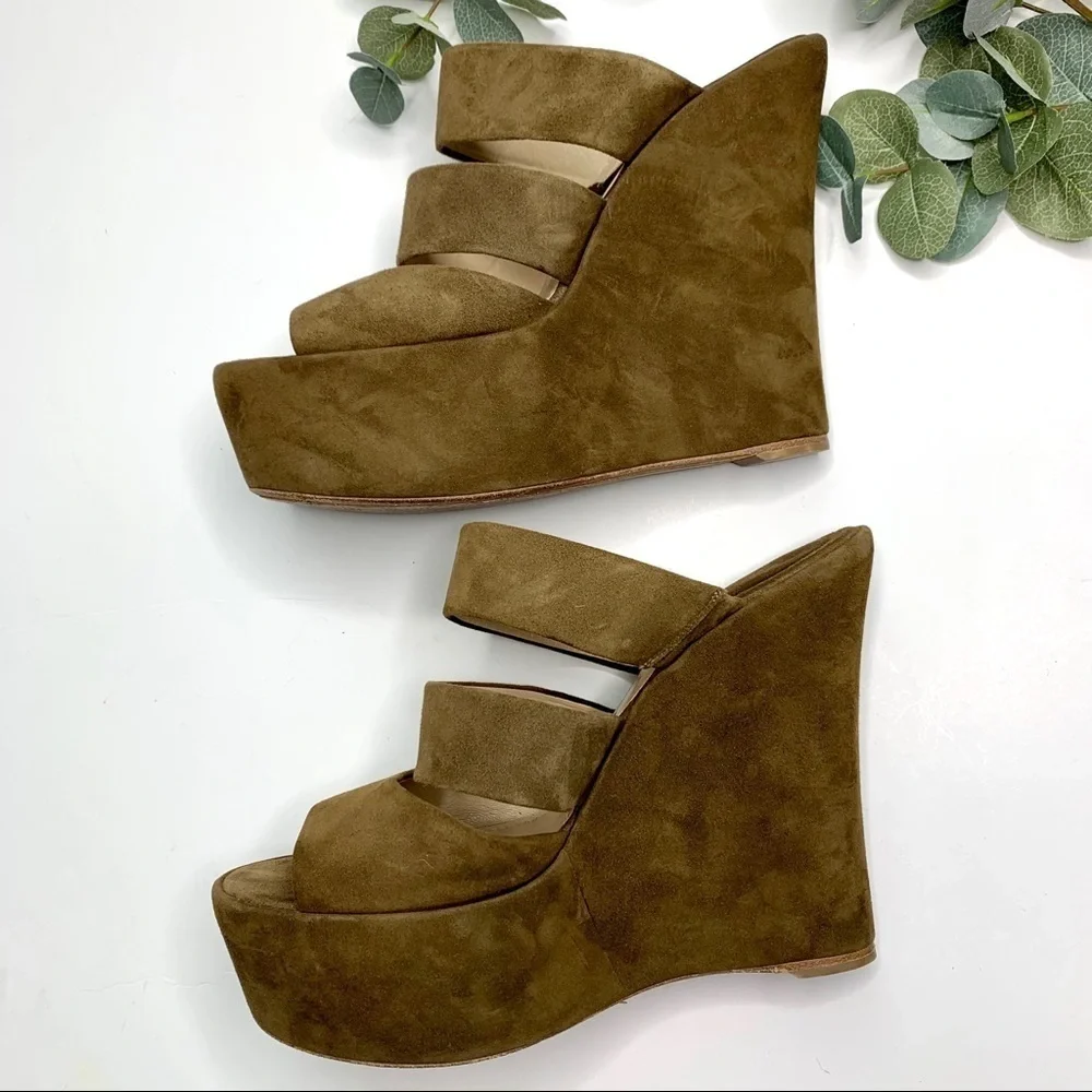 Baldan Tan Brown Suede Platform Wedge Sandals Slide On Mule Designer